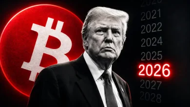 Donald Trump in a suit standing next to a red Bitcoin logo and a glowing 2026 timeline.