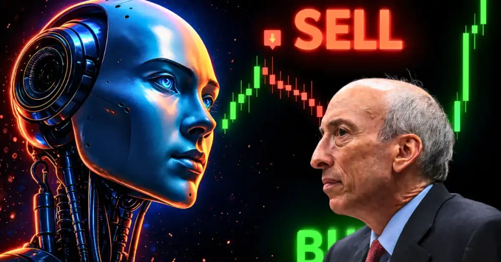 An AI robot profile looking at SEC Chairman Gary Gensler over a trading chart.