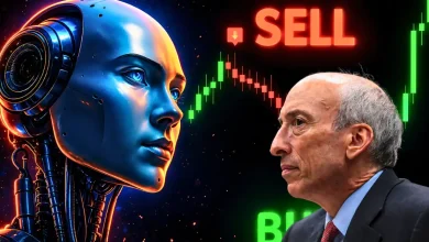 An AI robot profile looking at SEC Chairman Gary Gensler over a trading chart.