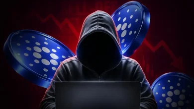 A hooded hacker at a laptop with blue Cardano ADA coins and a falling red chart.