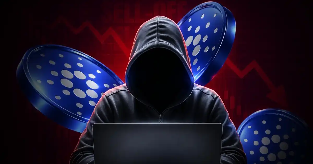 A hooded hacker at a laptop with blue Cardano ADA coins and a falling red chart.