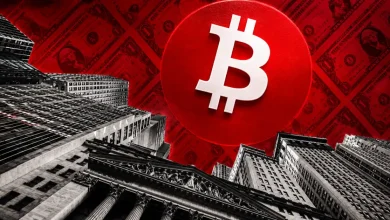 A large red Bitcoin token hovering above skyscrapers and the New York Stock Exchange.