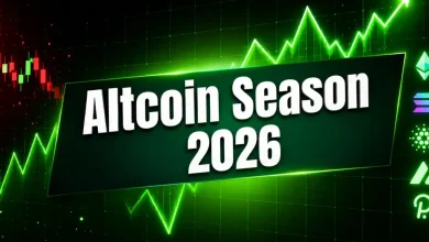 A green sign reading Altcoin Season 2026 over a rising market line chart.