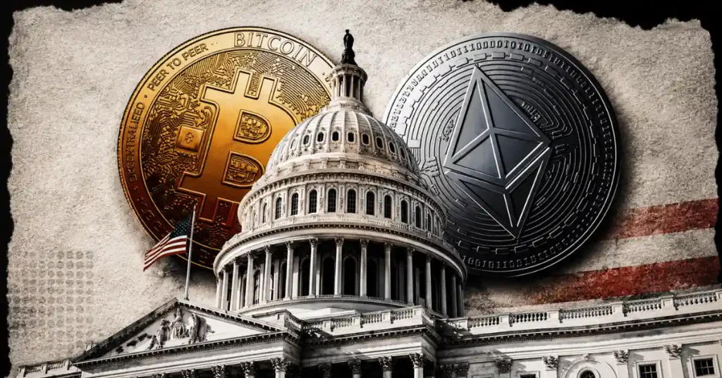 Large gold Bitcoin and silver Ethereum coins behind the US Capitol building dome.