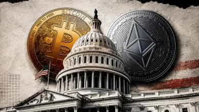 Large gold Bitcoin and silver Ethereum coins behind the US Capitol building dome.