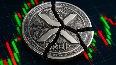 A broken silver XRP coin resting on top of a financial candlestick trading chart.