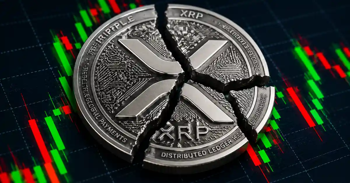 A broken silver XRP coin resting on top of a financial candlestick trading chart.