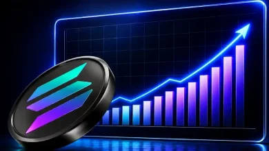 Solana token in front of a rising crypto market growth chart