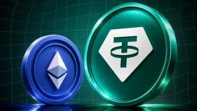 Large green Tether USDT coin next to a smaller blue Ethereum token.