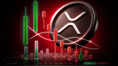 Large silver XRP coin surrounded by red and green market candlestick charts.