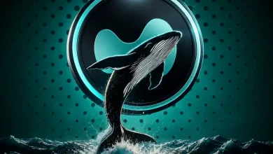 Humpback whale breaching out of water in front of a teal logo.