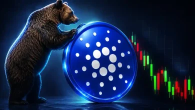 Large bear leaning on a blue Cardano token near a falling stock chart.