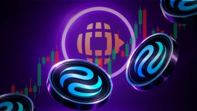 Floating blue Injective INJ coins in front of a glowing globe logo and market chart.