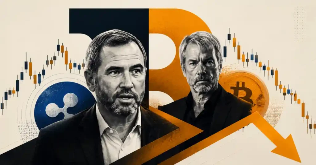 Brad Garlinghouse and Michael Saylor portraits alongside a downward Bitcoin market arrow.