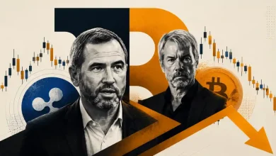 Brad Garlinghouse and Michael Saylor portraits alongside a downward Bitcoin market arrow.