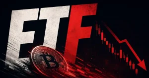 Large ETF text with a Bitcoin coin and a declining red candlestick chart.