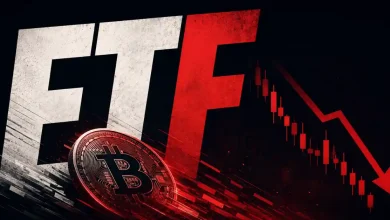 Large ETF text with a Bitcoin coin and a declining red candlestick chart.