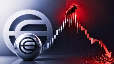 Red bull standing on a peaking chart that crashes down into a sharp red arrow next to the Worldcoin orb.