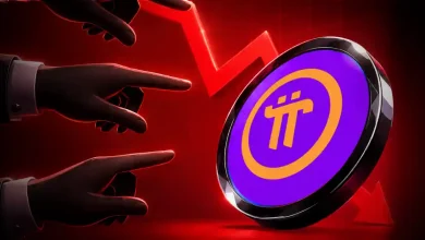 Multiple hands pointing at a purple Pi Network coin over a red downward arrow.