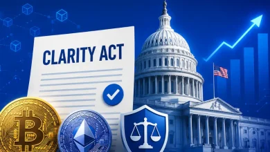 CLARITY Act document next to Bitcoin and Ethereum coins before the US Capitol.