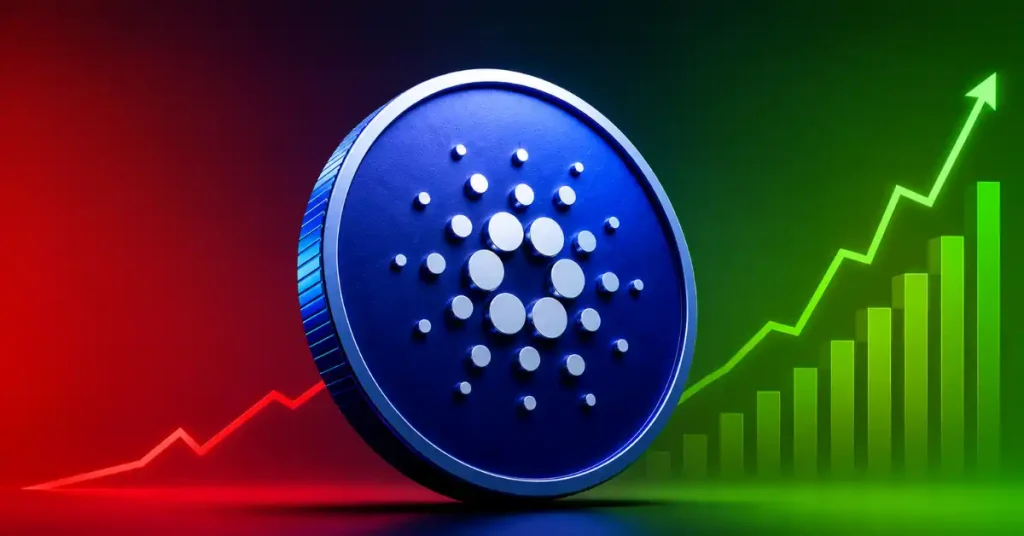 Large blue Cardano ADA coin in front of a red and green line graph chart.