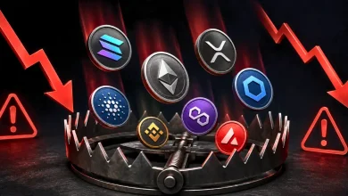 Crypto coins falling into a steel bear trap under red warning arrows.