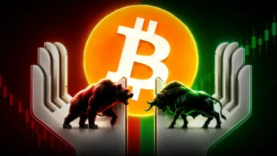 A bear and bull facing off over mechanical hands with a Bitcoin symbol backdrop.