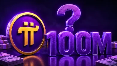 Golden Pi Network coin next to a 3D "$100M" text with a question mark and cash stacks.