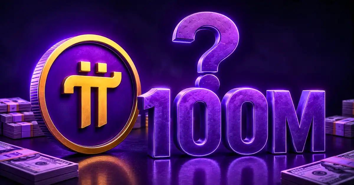 Golden Pi Network coin next to a 3D "$100M" text with a question mark and cash stacks.
