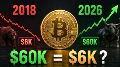 Gold Bitcoin coin separating a 2018 bear market chart from a 2026 bull market chart.