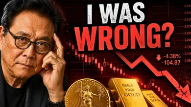 Robert Kiyosaki looking thoughtful next to gold bars, a gold coin, and a declining red price chart.