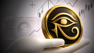 A white hand holding a gold coin featuring an Eye of Horus symbol against a financial line graph background.