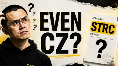 Changpeng Zhao (CZ) scratching his head next to the text "EVEN CZ?" and an STRC product document with question marks.