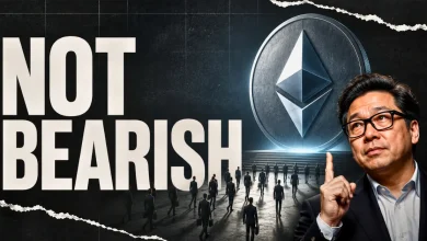 Tom Lee pointing upward next to "NOT BEARISH" text and a large Ethereum coin.