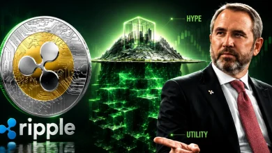 Ripple CEO Brad Garlinghouse next to a large Ripple coin and an iceberg graphic comparing hype and utility.