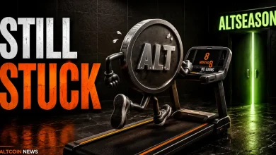Animated Altcoin character running on a treadmill showing "8 Months No Gains" near an Altseason door.