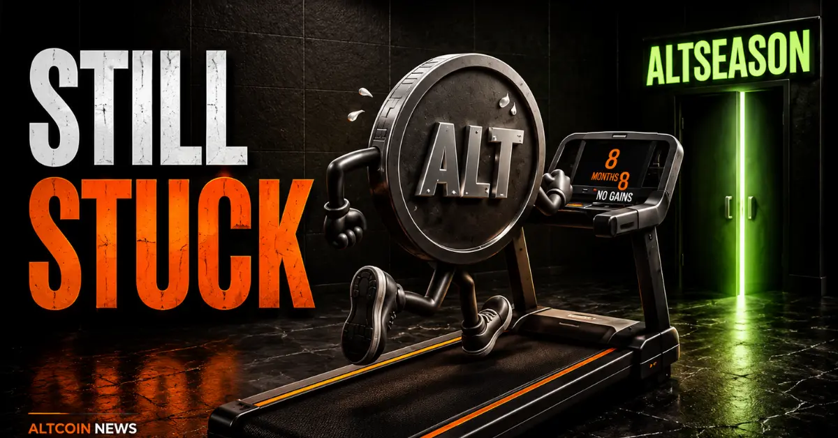 Animated Altcoin character running on a treadmill showing "8 Months No Gains" near an Altseason door.