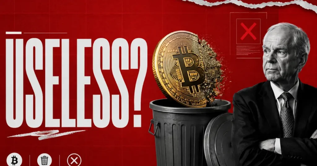 Jeremy Grantham with arms crossed next to a crumbling gold Bitcoin coin in a trash can.