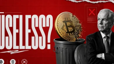 Jeremy Grantham with arms crossed next to a crumbling gold Bitcoin coin in a trash can.