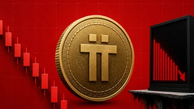 Golden Pi Network coin next to a declining candlestick chart and a red downward arrow.