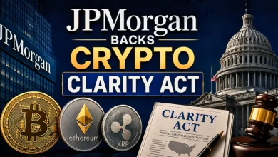 JPMorgan building and US Capitol dome flanking crypto coins, a CLARITY Act document, and a gavel.