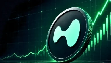 A green Hyperliquid token coin positioned against a rising green candlestick trading chart.