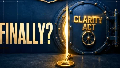 A bank vault door opening labeled "CLARITY ACT" next to a key marked "JULY".