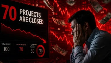 Stressed investor holding his face next to a screen showing a red chart and "70 Projects Are Closed."