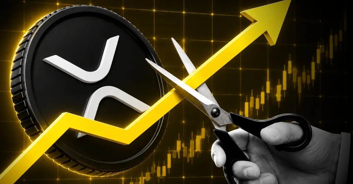 A hand cutting a rising yellow arrow with scissors next to a black XRP token coin.