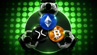 Figures holding Ethereum, XRP, and Bitcoin coins on a green background.