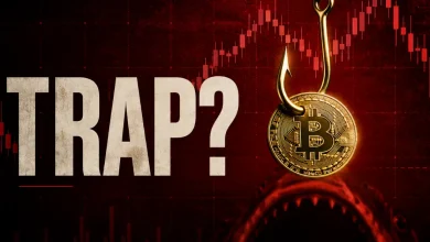 A gold Bitcoin coin caught on a fishing hook labeled "TRAP?" against a red market chart backdrop.