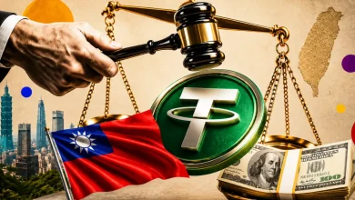 A hand holding a legal gavel over a green Tether coin, justice scales, US dollars, and Taiwan's flag.