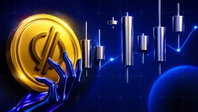 Metallic hand holding a gold Stellar XLM coin next to a 3D candlestick trading chart.