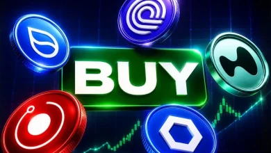 A green "BUY" button surrounded by floating altcoin tokens over a rising green market chart.